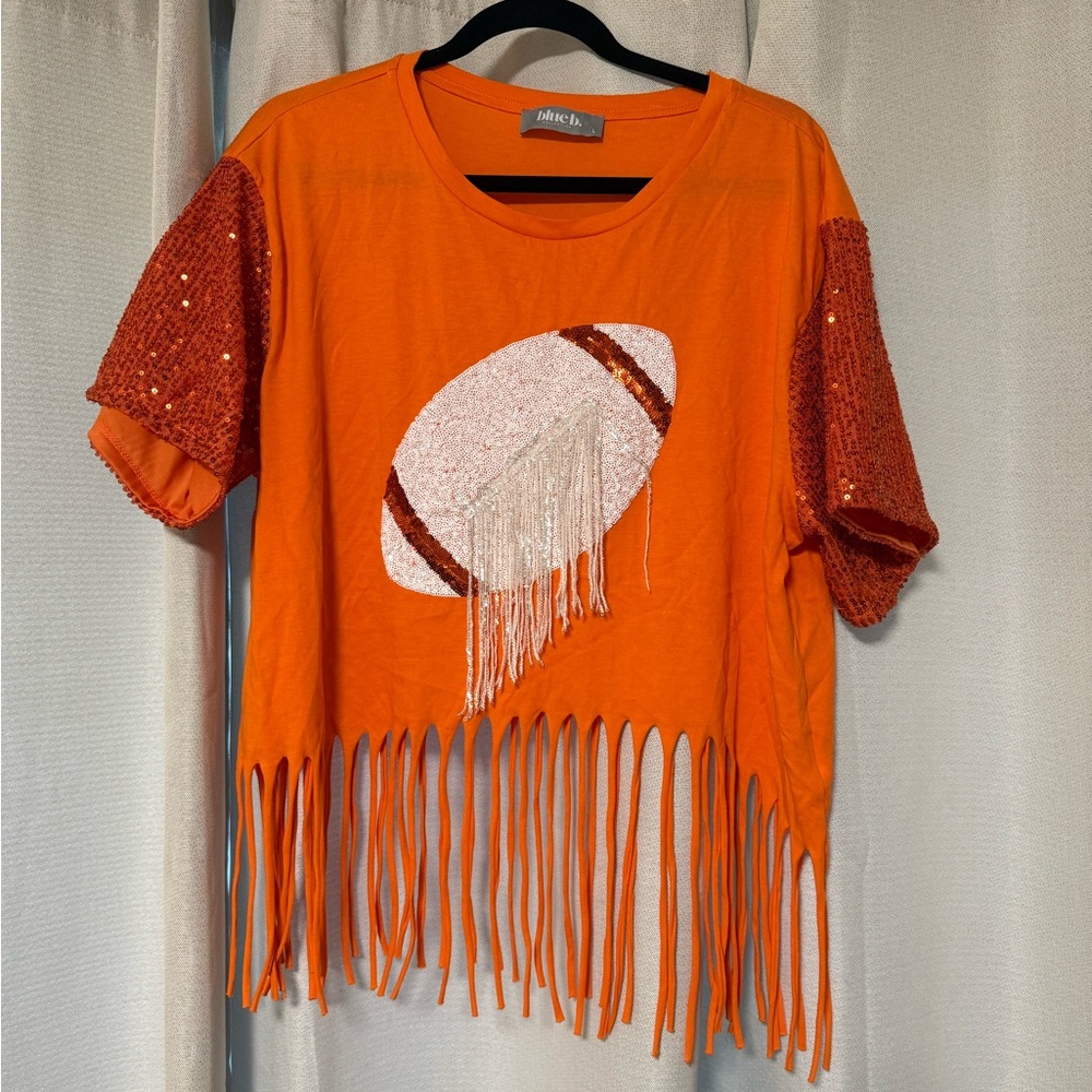 Vibrant Orange Fringe Top with Sequin Sleeves